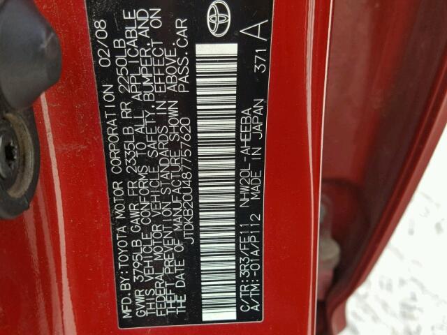 JTDKB20U487757620 - 2008 TOYOTA PRIUS RED photo 10