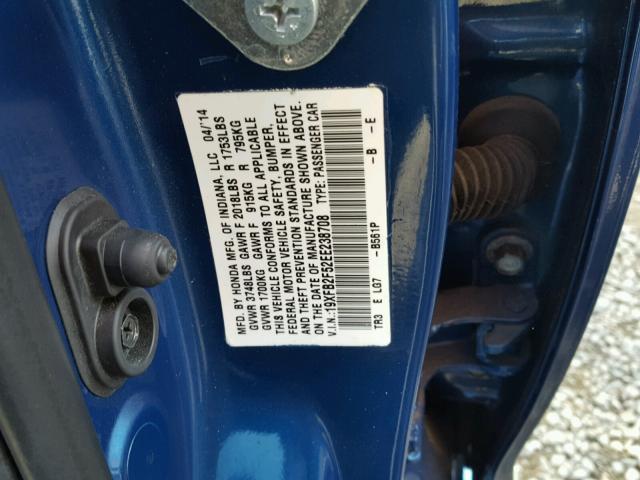 19XFB2F52EE238708 - 2014 HONDA CIVIC LX BLUE photo 10