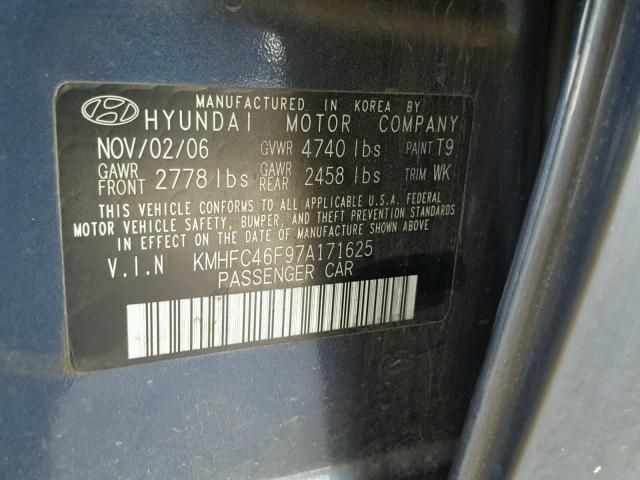 KMHFC46F97A171625 - 2007 HYUNDAI AZERA SE BLUE photo 10