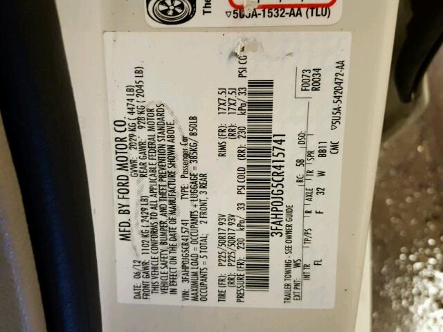 3FAHP0JG5CR415741 - 2012 FORD FUSION WHITE photo 10