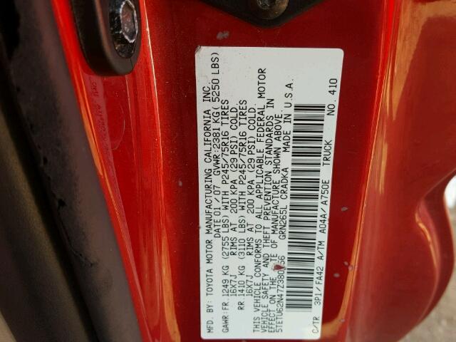 5TETU62N47Z380256 - 2007 TOYOTA TACOMA PRE RED photo 10