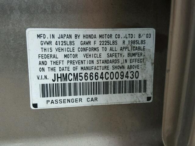 JHMCM56664C009430 - 2004 HONDA ACCORD EX GOLD photo 10