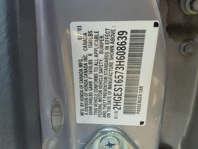 2HGES16573H608639 - 2003 HONDA CIVIC LX SILVER photo 10