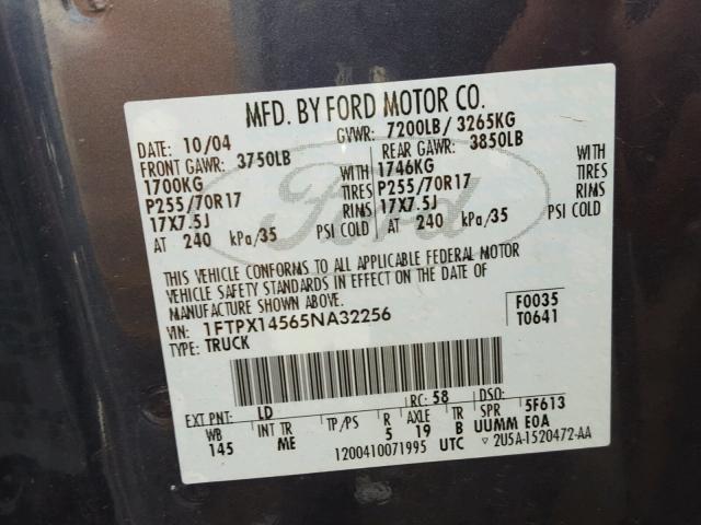 1FTPX14565NA32256 - 2005 FORD F150 BLUE photo 10