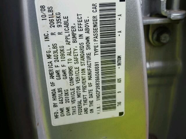 1HGCP26839A046691 - 2009 HONDA ACCORD SILVER photo 10