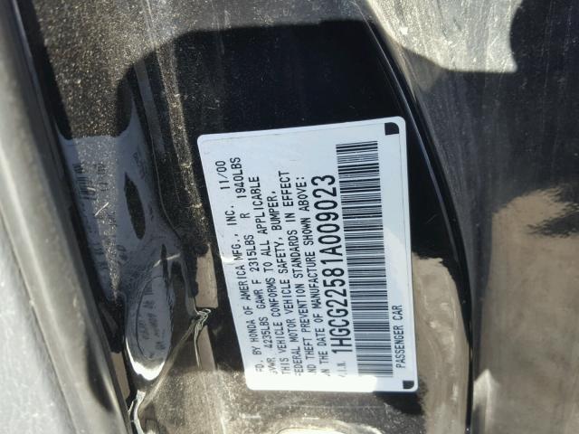 1HGCG22581A009023 - 2001 HONDA ACCORD EX BLACK photo 10