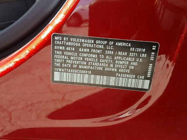 1VWAT7A32GC038316 - 2016 VOLKSWAGEN PASSAT S წითელი ფოტო 10