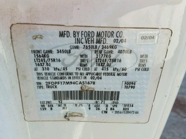 2FDPF17M94CA51678 - 2004 FORD F-150 HERI WHITE photo 10