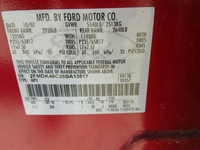 2FMDK48C28BA13517 - 2008 FORD EDGE SEL RED photo 10