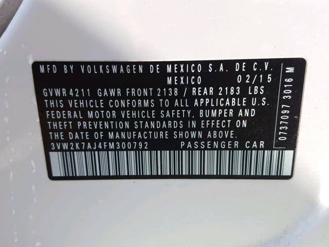 3VW2K7AJ4FM300792 - 2015 VOLKSWAGEN JETTA BASE 白色 照片 10