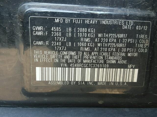 4S4BRCGC7C3269109 - 2012 SUBARU OUTBACK BLACK photo 10