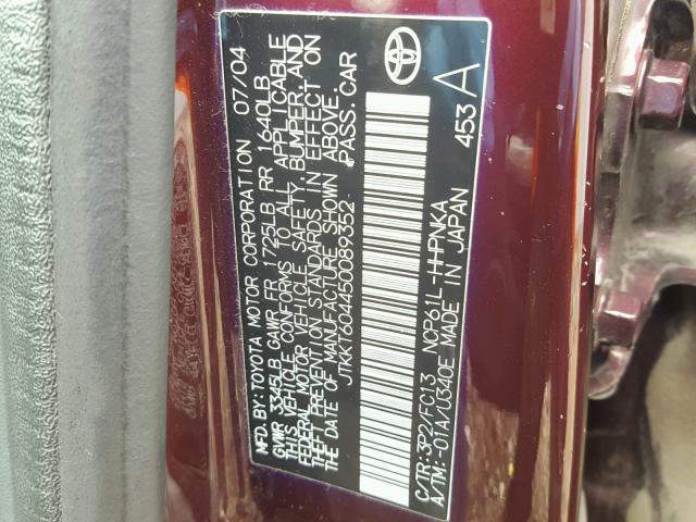 JTKKT604450089352 - 2005 TOYOTA SCION XA მუქწითელი ფოტო 10