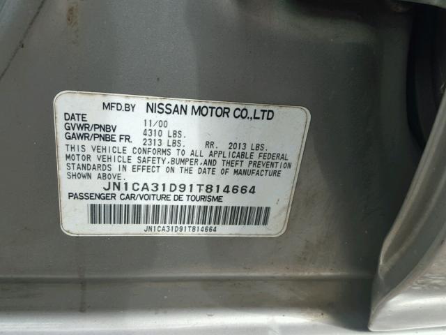 JN1CA31D91T814664 - 2001 NISSAN MAXIMA GXE SILVER photo 10