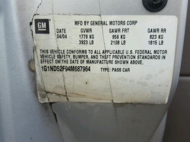 1G1ND52F94M687964 - 2004 CHEVROLET CLASSIC SILVER photo 10