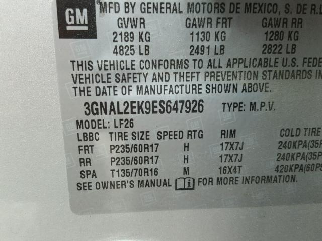 3GNAL2EK9ES647926 - 2014 CHEVROLET CAPTIVA LS 银色 照片 10