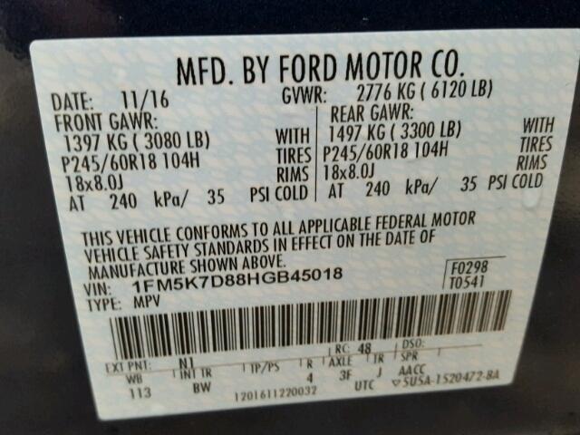 1FM5K7D88HGB45018 - 2017 FORD EXPLORER X BLUE photo 10