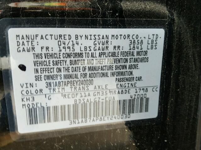 3N1AB7AP8EY240030 - 2014 NISSAN SENTRA S BLACK photo 10