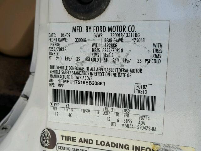 1FMFU17519EB20861 - 2009 FORD EXPEDITION WHITE photo 10