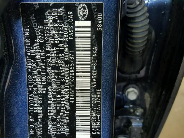 4T4BF1FK7GR557871 - 2016 TOYOTA CAMRY LE ლურჯი ფოტო 10