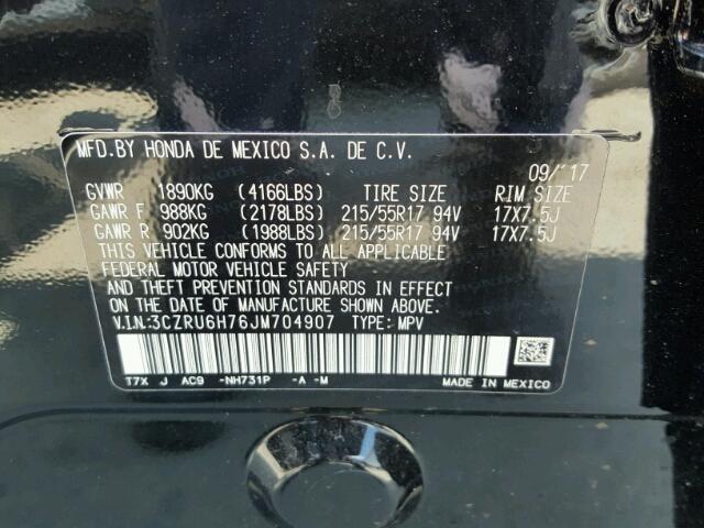 3CZRU6H76JM704907 - 2018 HONDA HR-V EXL BLACK photo 10