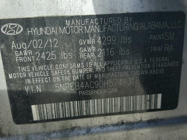 5NPEB4AC9DH574931 - 2013 HYUNDAI SONATA GLS SILVER photo 10