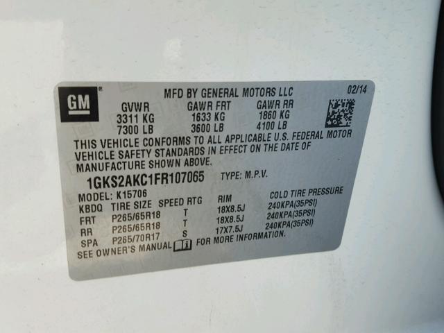 1GKS2AKC1FR107065 - 2015 GMC YUKON SLE WHITE photo 10