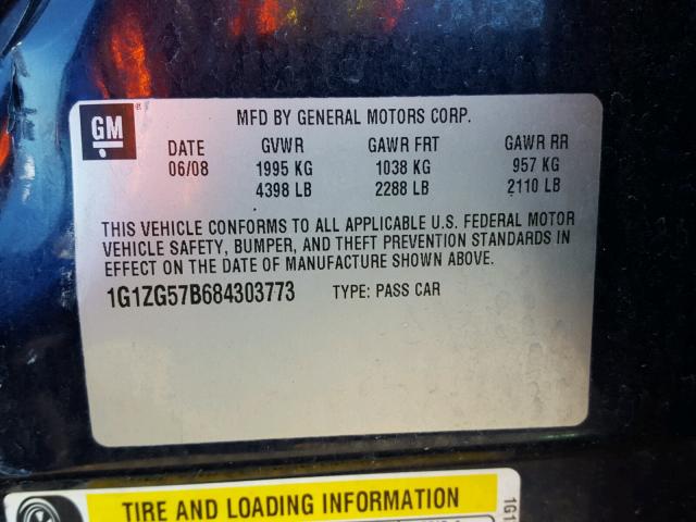 1G1ZG57B684303773 - 2008 CHEVROLET MALIBU LS 蓝色 照片 10