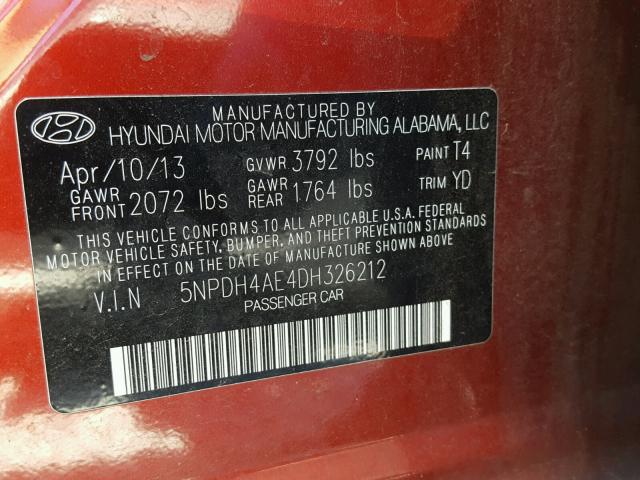 5NPDH4AE4DH326212 - 2013 HYUNDAI ELANTRA GL RED photo 10