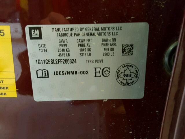 1G11C5SL2FF206824 - 2015 CHEVROLET MALIBU 1LT 勃艮第红 照片 10