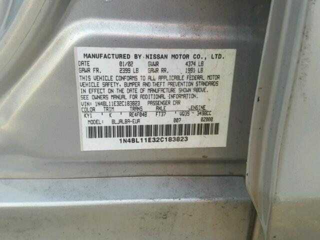 1N4BL11E32C183823 - 2002 NISSAN ALTIMA SILVER photo 10