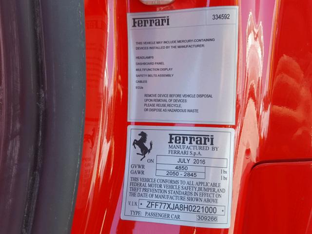 ZFF77XJA8H0221000 - 2017 FERRARI CALIFORNIA RED photo 10