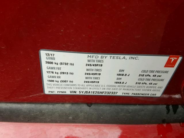 5YJSA1E25HF232337 - 2017 TESLA MODEL S RED photo 10