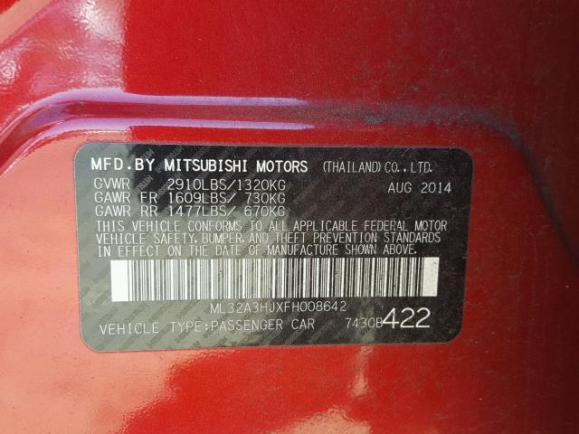 ML32A3HJXFH008642 - 2015 MITSUBISHI MIRAGE DE RED photo 10