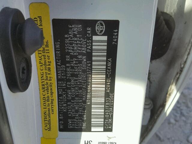 4T1BE46K79U917741 - 2009 TOYOTA CAMRY BASE WHITE photo 10