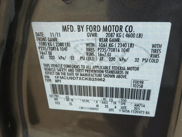 1FMCU9D7XCKB25962 - 2012 FORD ESCAPE XLT GRAY photo 10