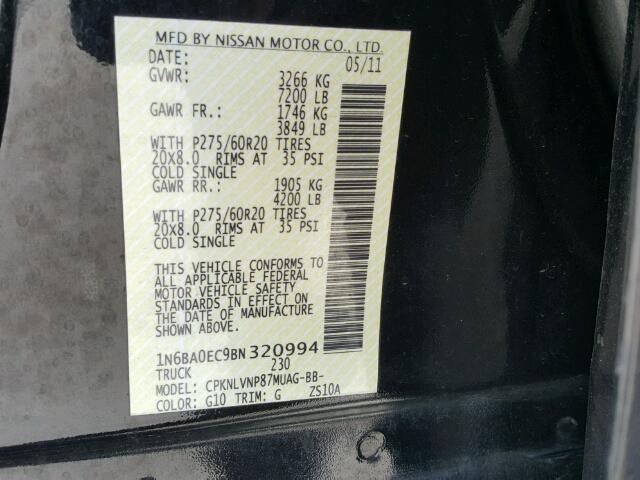 1N6BA0EC9BN320994 - 2011 NISSAN TITAN S BLACK photo 10