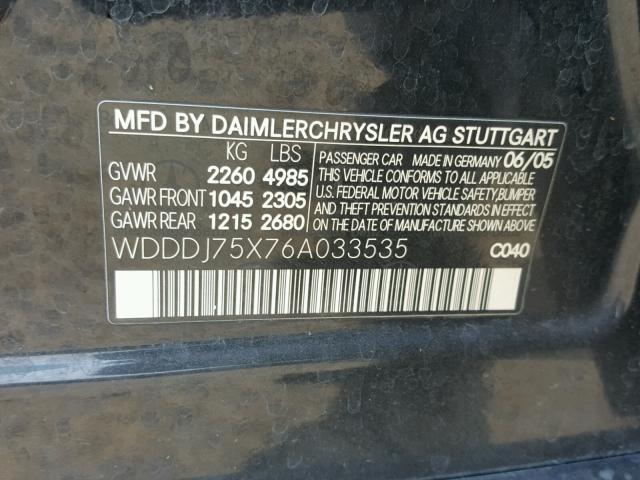 WDDDJ75X76A033535 - 2006 MERCEDES-BENZ CLS 500C BLACK photo 10