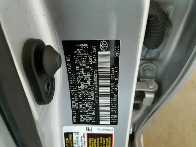 4T1BF1FK4CU056375 - 2012 TOYOTA CAMRY BASE SILVER photo 10