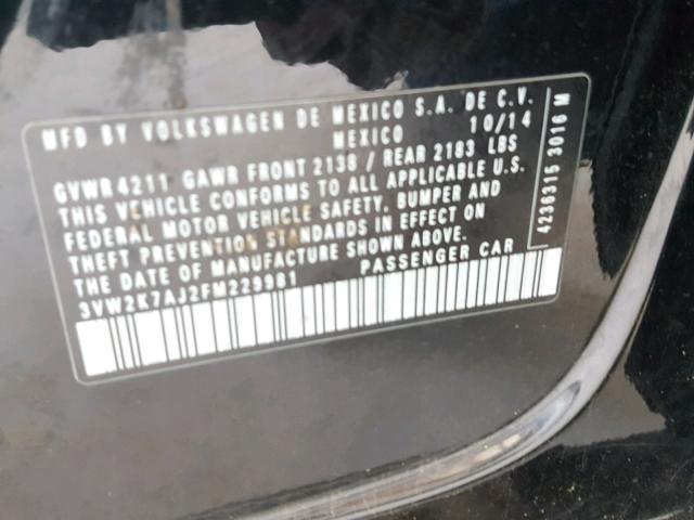 3VW2K7AJ2FM229981 - 2015 VOLKSWAGEN JETTA BASE 黑色 照片 10