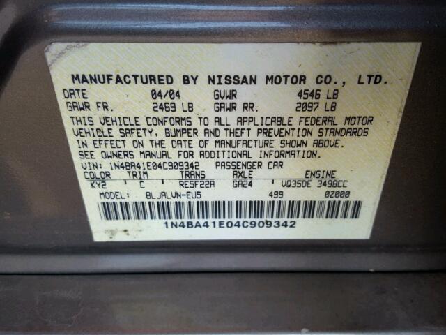 1N4BA41E04C909342 - 2004 NISSAN MAXIMA GOLD photo 10