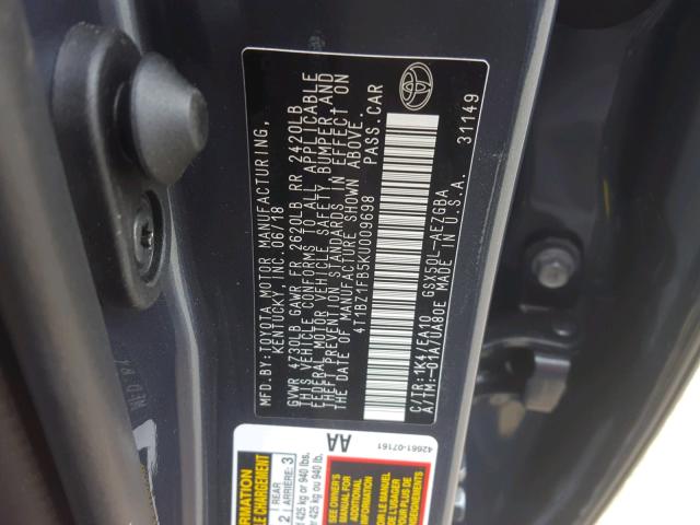 4T1BZ1FB5KU009698 - 2019 TOYOTA AVALON XLE BLUE photo 10