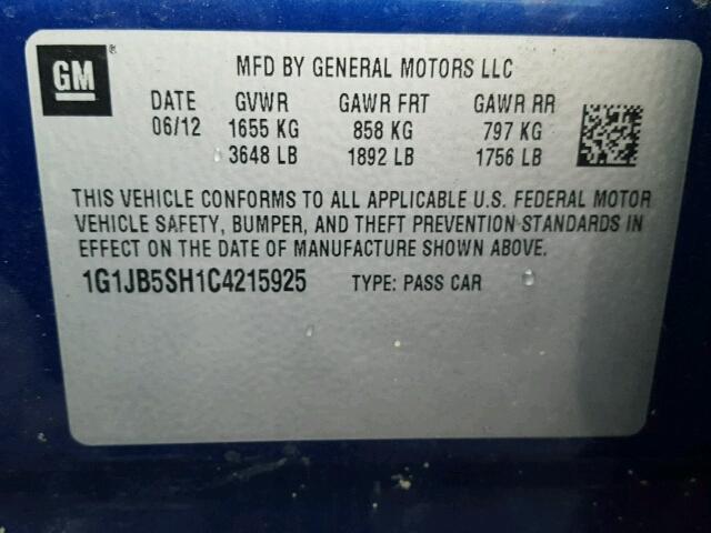 1G1JB5SH1C4215925 - 2012 CHEVROLET SONIC LS 蓝色 照片 10