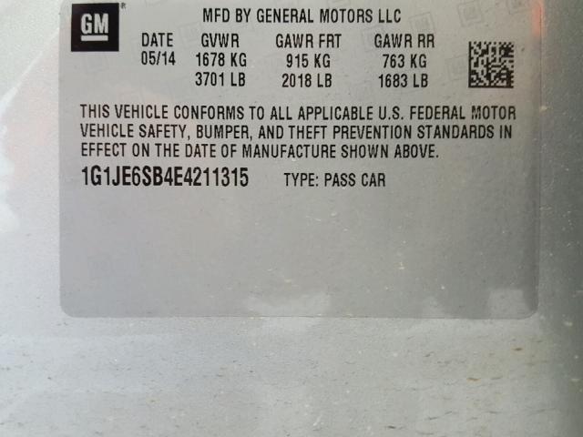 1G1JE6SB4E4211315 - 2014 CHEVROLET SONIC LTZ SILVER photo 10