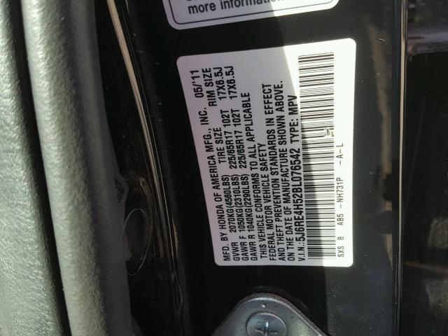 5J6RE4H52BL076542 - 2011 HONDA CR-V EX შავი ფოტო 10