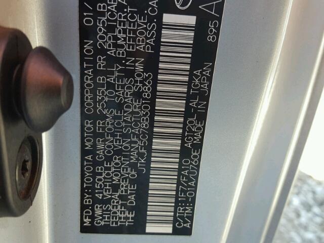 JTKJF5C78B3018863 - 2011 TOYOTA SCION TC 银色 照片 10