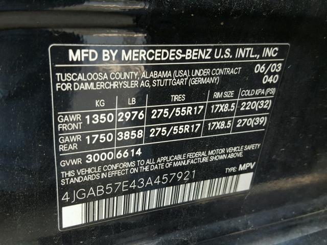 4JGAB57E43A457921 - 2003 MERCEDES-BENZ ML 350 BLACK photo 10