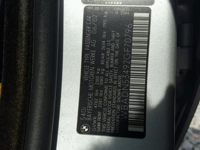 WBADN53492GF70796 - 2002 BMW 540 I SILVER photo 10