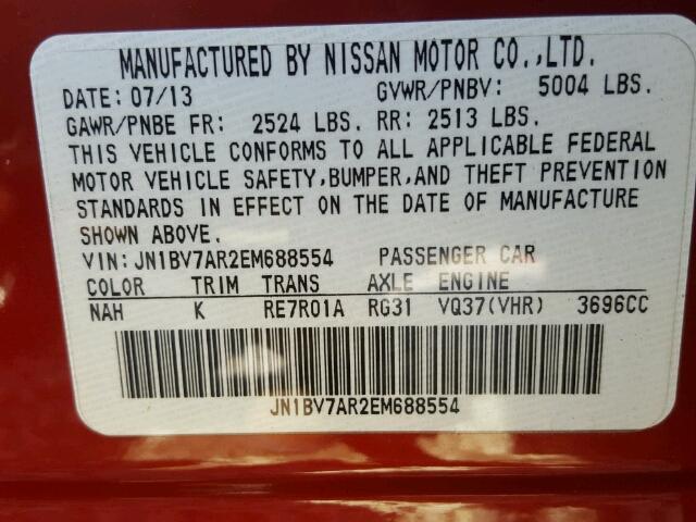 JN1BV7AR2EM688554 - 2014 INFINITI Q50 BASE BURGUNDY photo 10