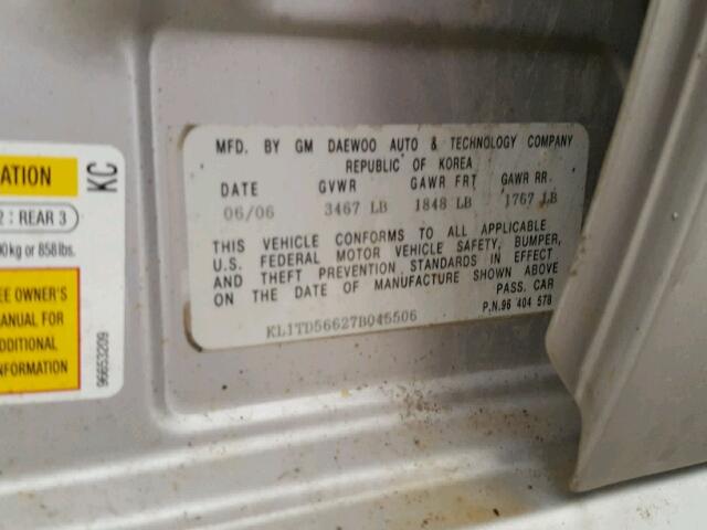 KL1TD56627B045506 - 2007 CHEVROLET AVEO BASE Күміс фото 10