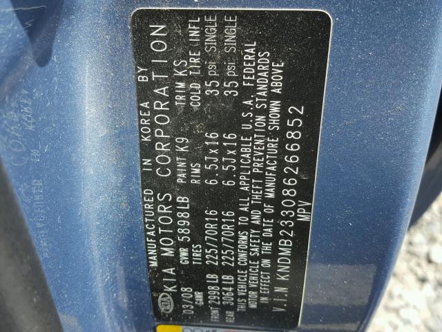 KNDMB233086266852 - 2008 KIA SEDONA EX BLUE photo 10